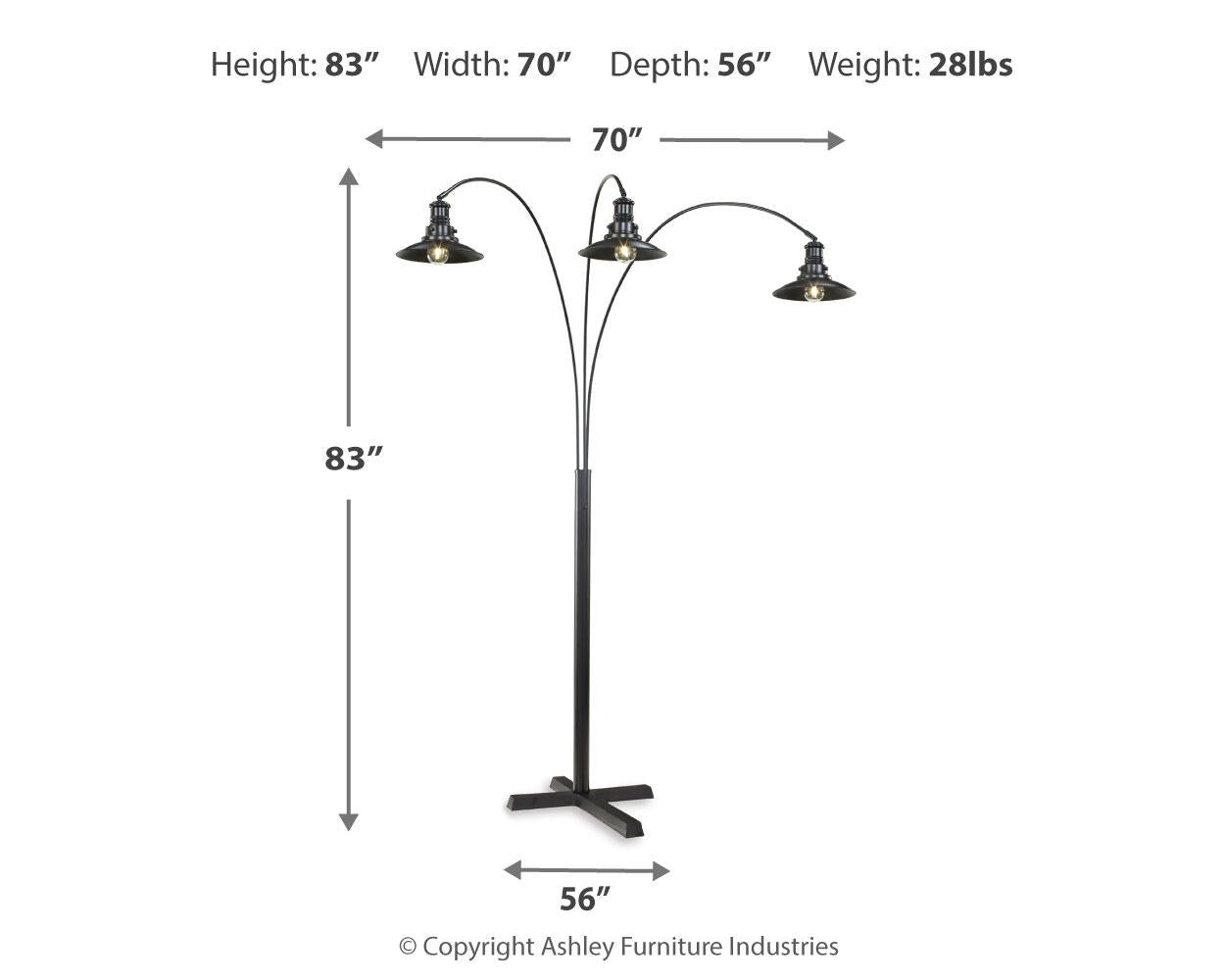 The Sheriel Metal Arc Lamp (1/CN) is a black floor lamp with adjustable arms and three lights, featuring a dimmer switch. Dimensions: 83" H x 70" W x 56" D; weight: 28 lbs. Arrows on the diagram indicate measurements.