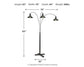 The Sheriel Metal Arc Lamp (1/CN) is a black floor lamp with adjustable arms and three lights, featuring a dimmer switch. Dimensions: 83" H x 70" W x 56" D; weight: 28 lbs. Arrows on the diagram indicate measurements.