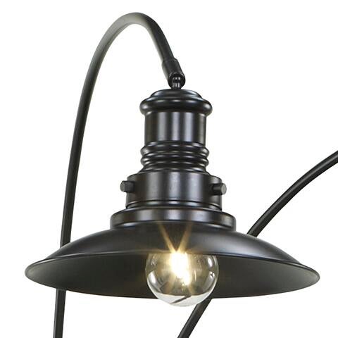 Black metal pendant light with a round, flared shade and exposed bulb pairs perfectly with the Sheriel Metal Arc Lamp, which features an adjustable arm and dimmer switch for versatile lighting.