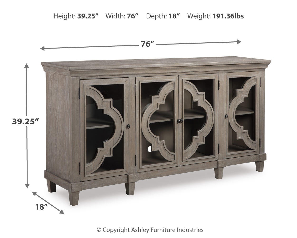 The Fossil Ridge Accent Cabinet features 4 wooden doors with glass inlays, adjustable interior shelves, and decorative trim. Dimensions: 39.25"H x 76"W x 18"D. Weight: 191.36 lbs.