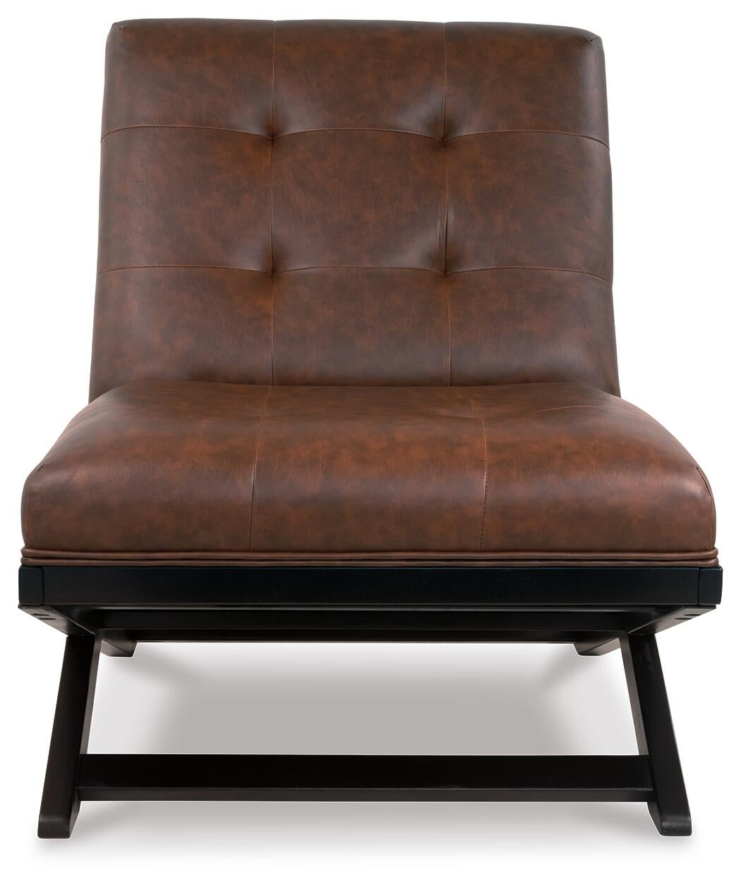 The Sidewinder Accent Chair features brown faux leather upholstery with a tufted backrest and seat, a modern black wooden base, and a wide, armless design inspired by the classic Barcelona chair, seen from the front.