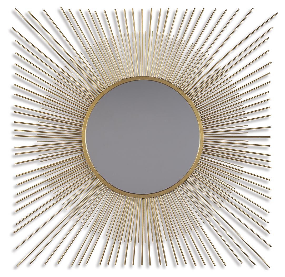 The Elspeth Accent Mirror features a round shape and a sunburst design with radiating goldtone metal rods of varying lengths for a striking, elegant look.