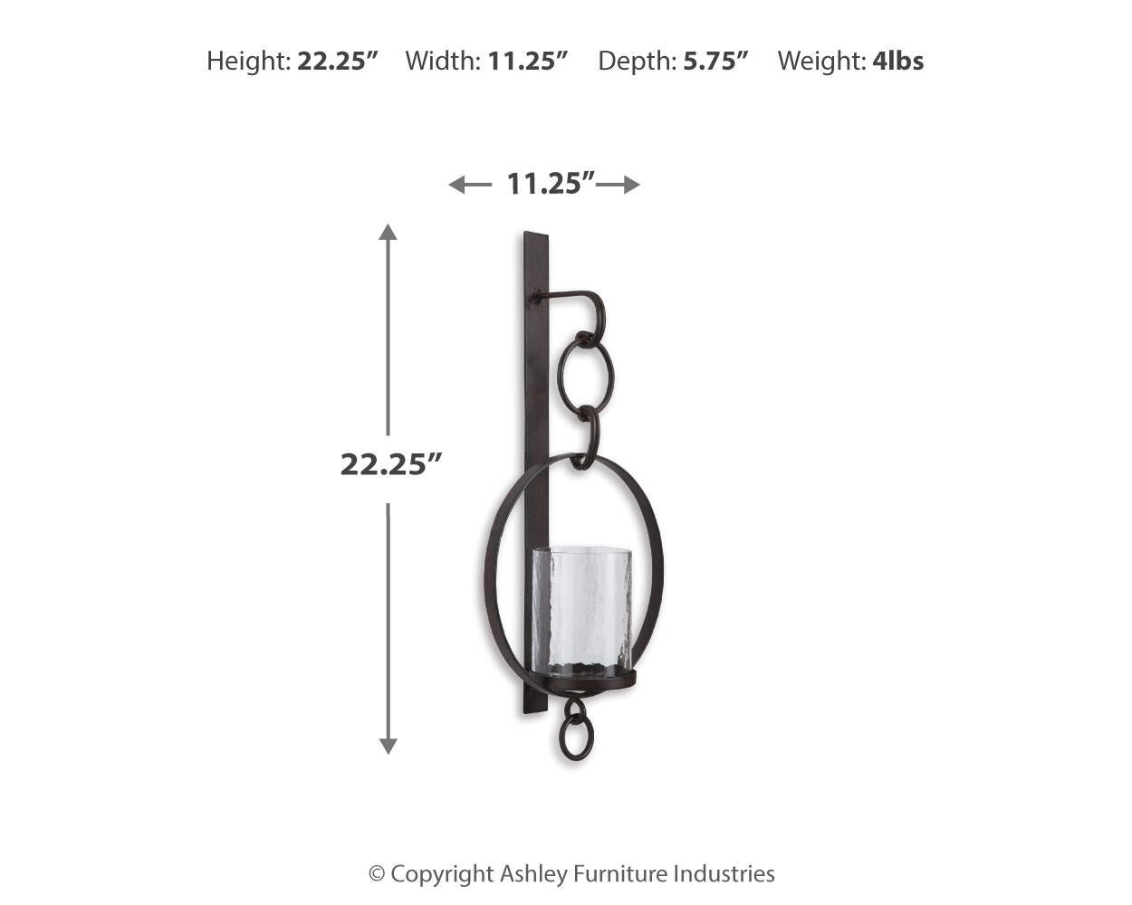 The Ogaleesha Wall Sconce features a bronze-tone metal frame with a glass candle holder, measuring 22.25" H x 11.25" W x 5.75" D and weighing 4 lbs.