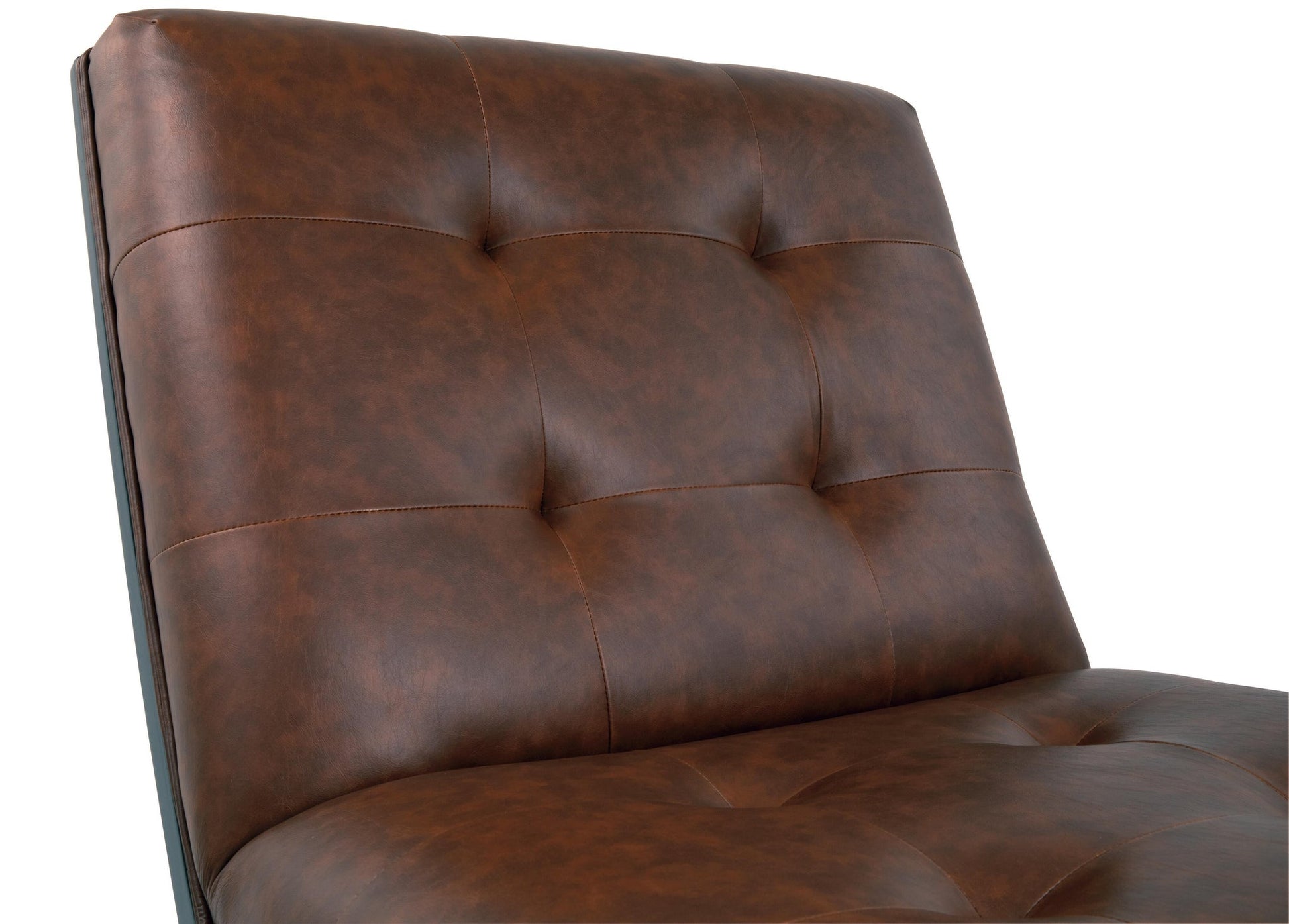 Close-up of the Sidewinder Accent Chair's backrest and seat, showcasing brown faux leather with button-tufted upholstery and visible stitching.