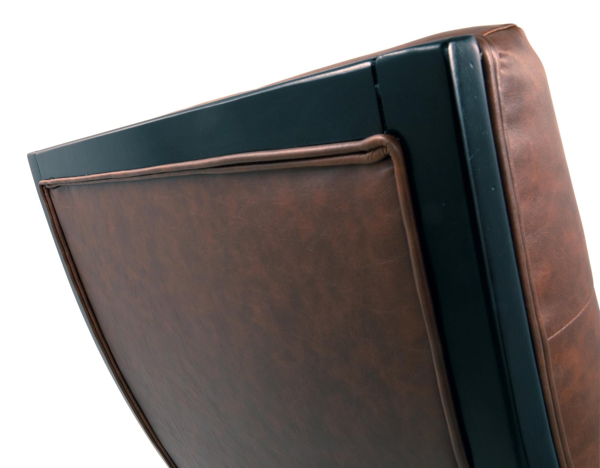 Close-up view of the Sidewinder Accent Chair’s backrest, featuring brown faux leather upholstery and a black frame, isolated on a white background.