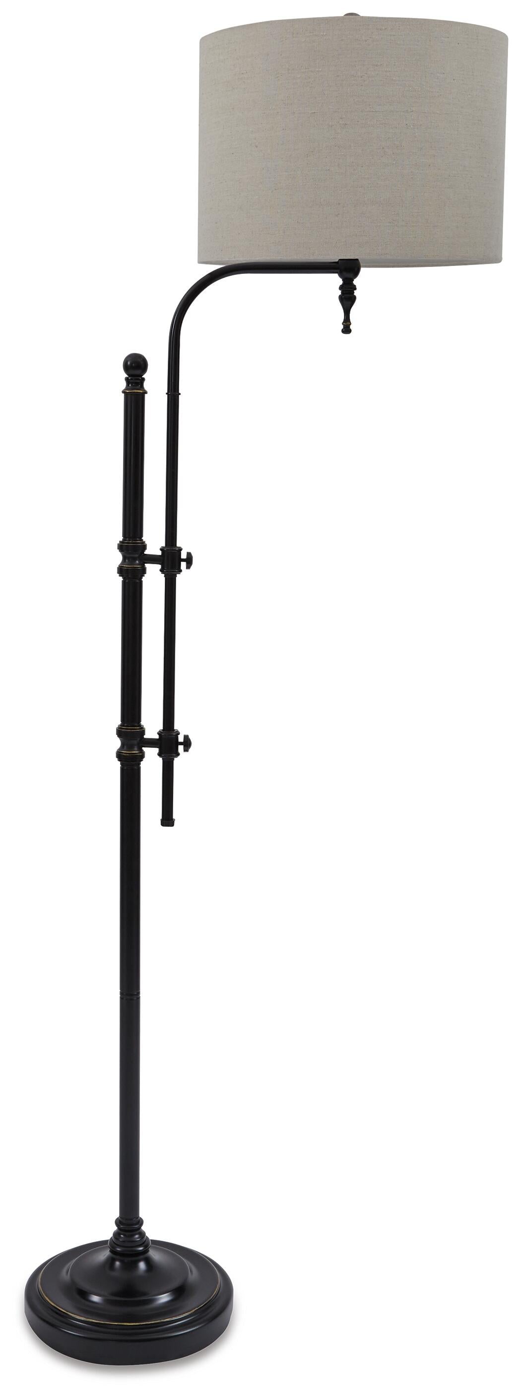 The Anemoon Metal Floor Lamp (1/CN) features a black finish, adjustable arm, round metal base, and a beige drum lampshade.