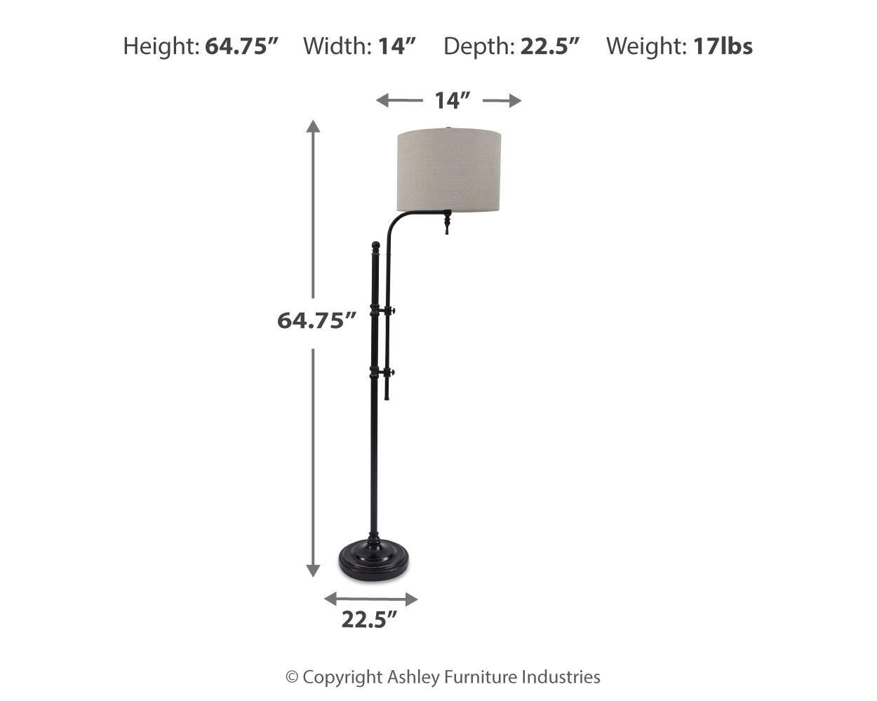 The Anemoon Metal Floor Lamp features a sturdy metal base and beige drum shade. Measures 64.75"H x 14"W x 22.5"D, weighs 17 lbs, with labeled measurements and arrows for clarity.