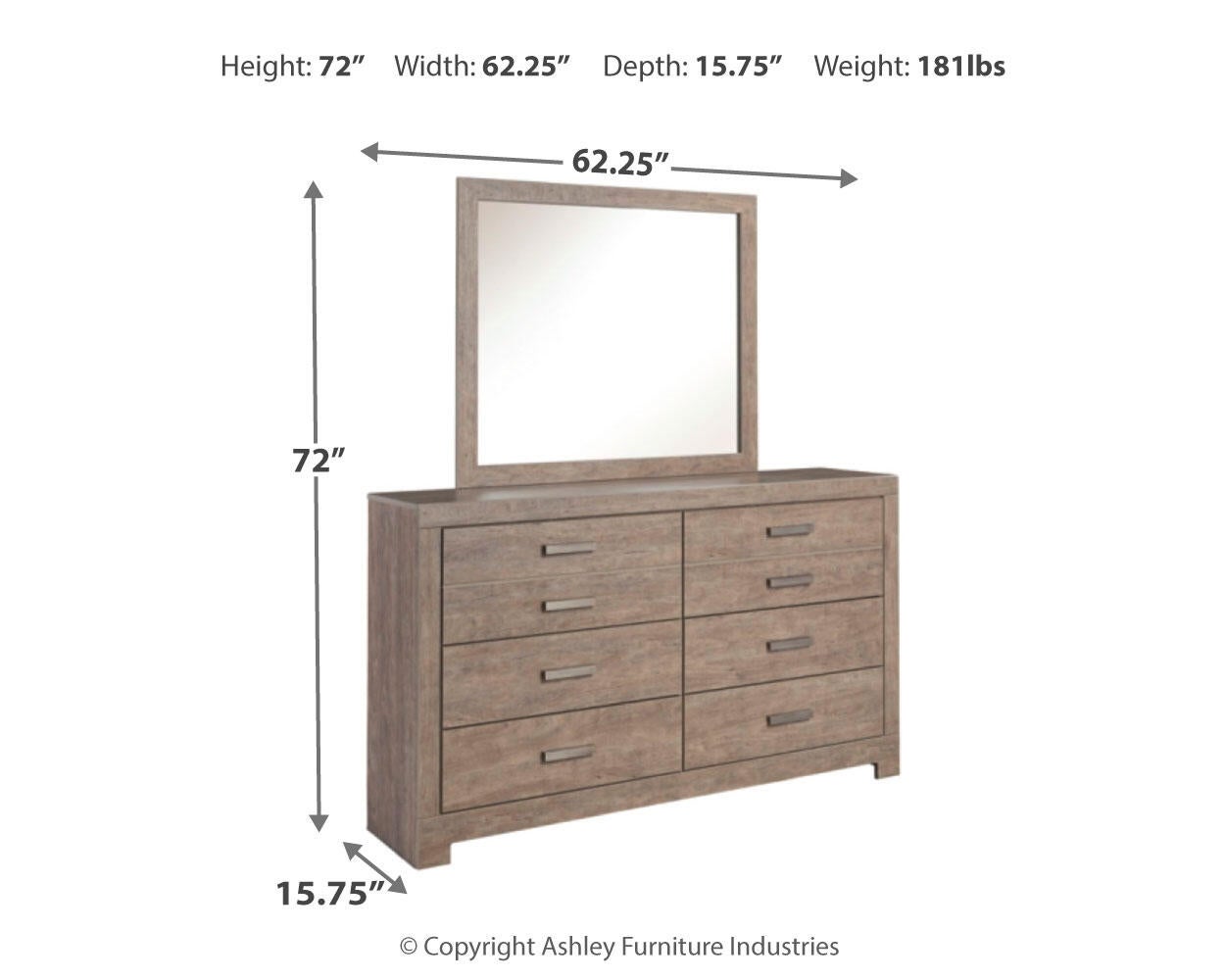 The Culverbach Dresser and Mirror set features a weathered driftwood finish, six spacious drawers, and measures 72"H x 62.25"W x 15.75"D. Weight: 181 lbs.
