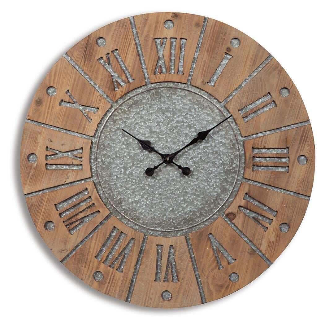 The Payson Wall Clock, with a natural wood frame, metallic Roman numerals, and black hands, displays the time as 10:08.