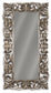 The Lucia Floor Mirror features a rectangular shape and an antique silver frame with ornate scrollwork, including swirling and curved decorative patterns.