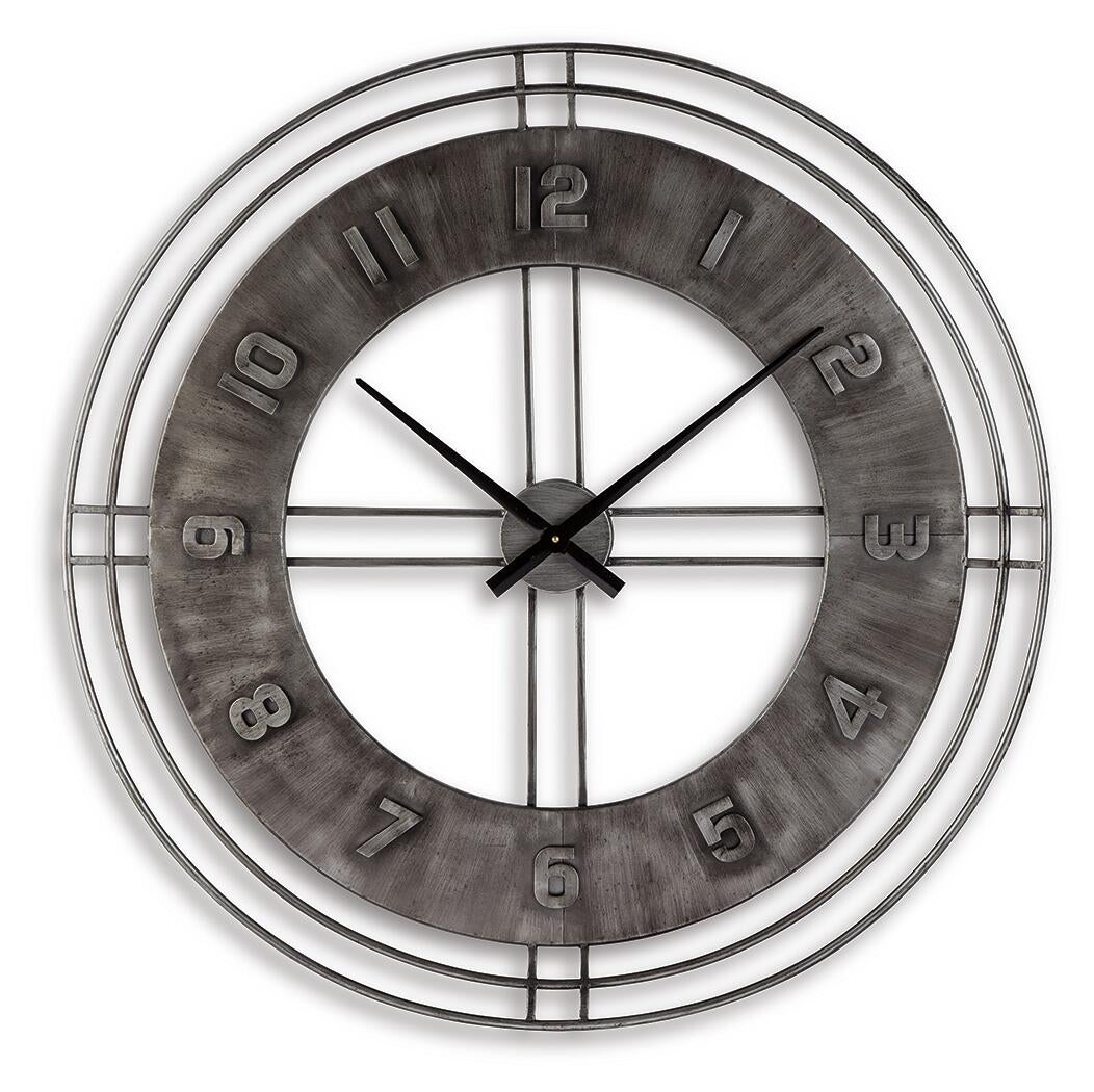 The Ana Sofia Wall Clock features an industrial metal frame, raised numbers, and black hour and minute hands that stylishly indicate 10:10.