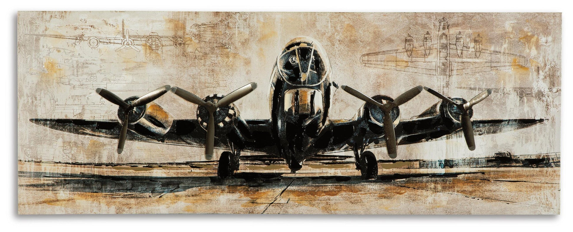 The Kalene Wall Art features a front view of a vintage four-engine propeller airplane with technical sketches and sepia tones—ideal retro décor or gallery-wrapped wall art for aviation enthusiasts.