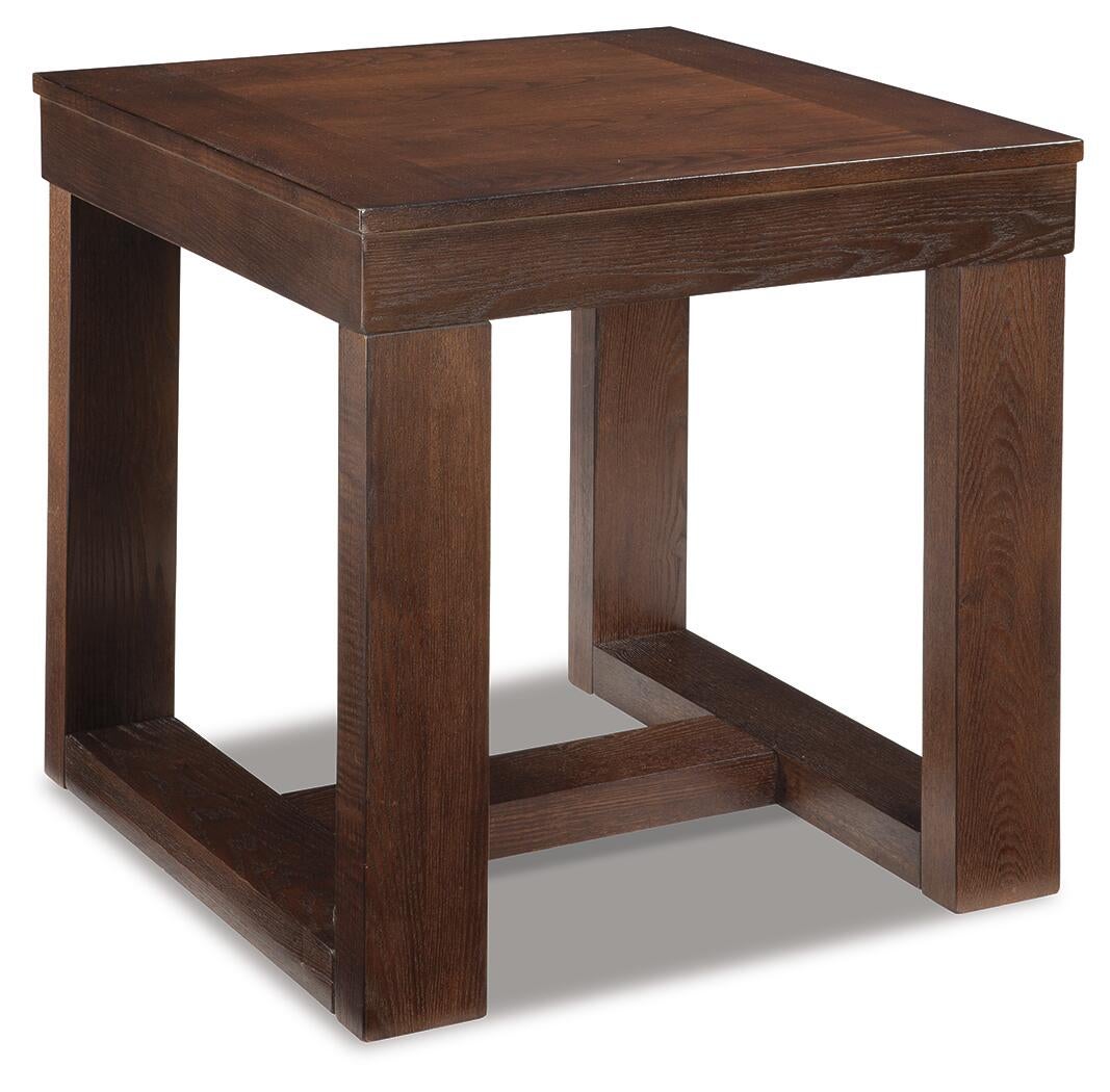 The Watson Square End Table features a dark brown finish, thick straight legs, and a lower support—bringing sleek, modern style to any room.