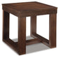 The Watson Square End Table features a dark brown finish, thick straight legs, and a lower support—bringing sleek, modern style to any room.