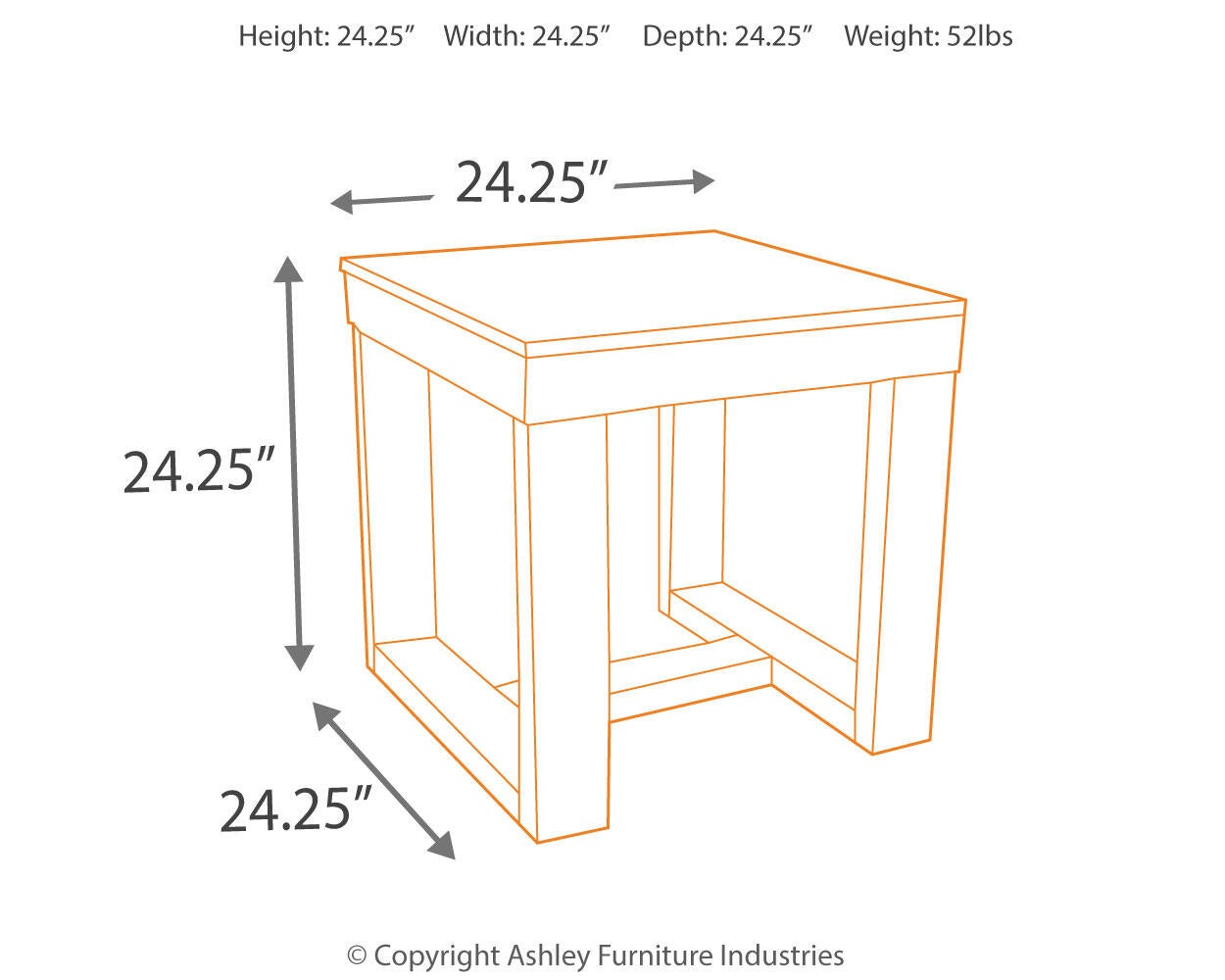 Line drawing of the Watson Square End Table with labeled dimensions: 24.25" height, width, and depth; weight 52 lbs. Copyright Ashley Furniture Industries.