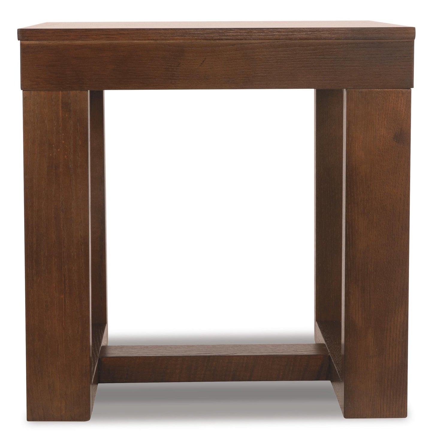 The Watson Square End Table features a simple dark brown wood design with a rectangular top, four sturdy legs, and a horizontal support bar near the base.