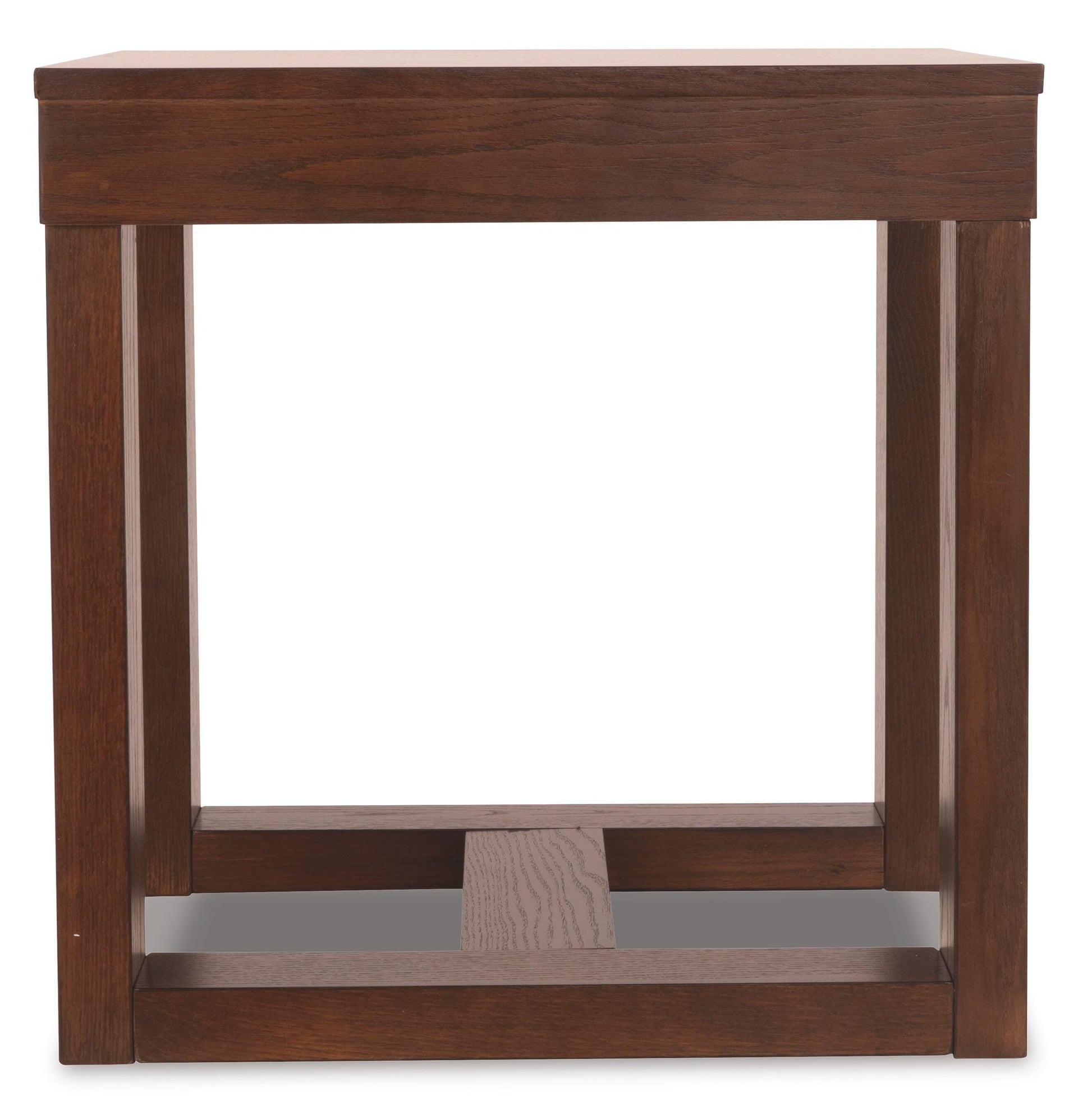 The Watson Square End Table features a flat top, open sides, and a simple modern design in dark wood, with a lower support frame connecting the legs for added stability.