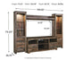 The Trinell 4-Piece Entertainment Center has a rustic finish, with shelves, drawers, and cabinets. Dimensions: 73.25"H x 104.5"W x 20.75"D; weight: 367 lbs.