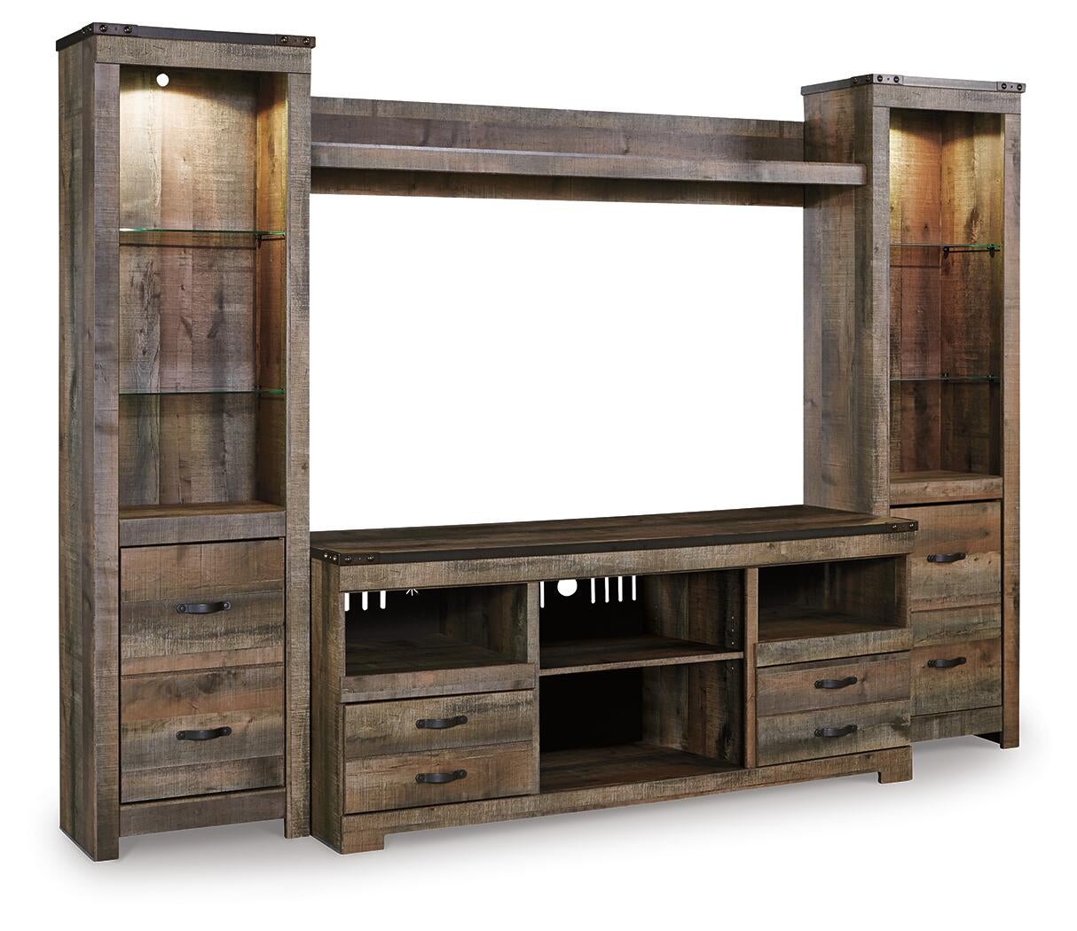 The Trinell 4-Piece Entertainment Center offers open shelves, drawers, and glass display sections in a rustic finish, designed to hold a large TV and add charm to your living space.
