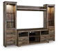 The Trinell 4-Piece Entertainment Center offers open shelves, drawers, and glass display sections in a rustic finish, designed to hold a large TV and add charm to your living space.