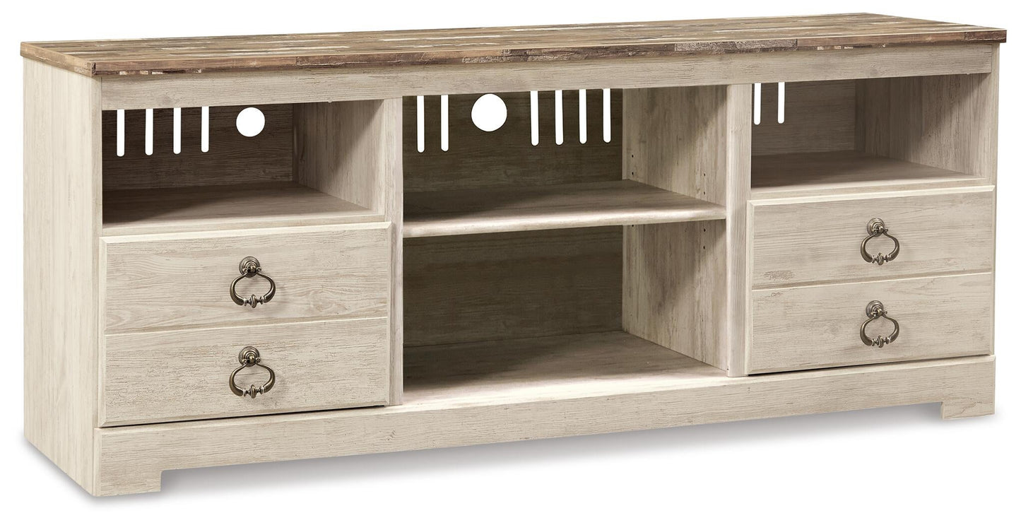 The Willowton LG TV Stand w/Fireplace Option features a distressed wooden finish, two central shelves, four drawers, and convenient cable management slots on the back panel.