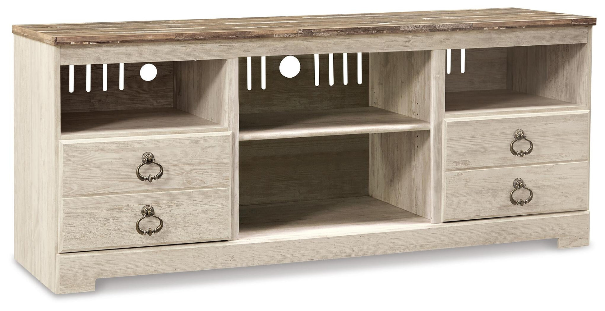 The Willowton LG TV Stand w/Fireplace Option features a distressed wooden finish, two central shelves, four drawers, and convenient cable management slots on the back panel.