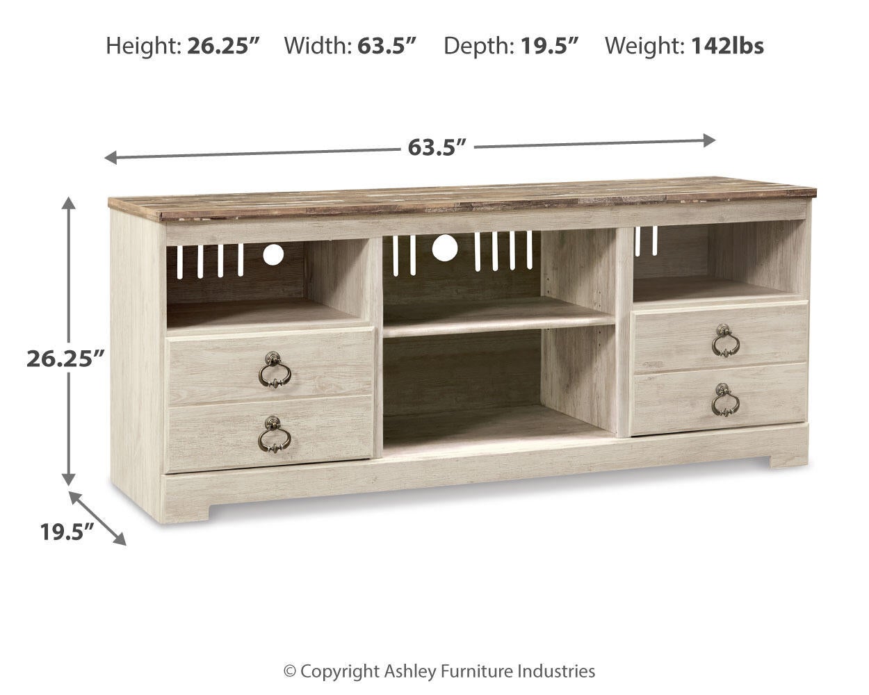 The Willowton LG TV Stand w/Fireplace Option features two drawers, four open shelves, and cable cutouts. Measures 26.25" H x 63.5" W x 19.5" D and weighs 142 lbs.
