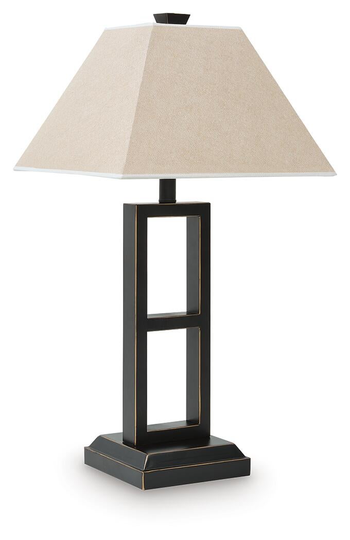 Deidra Metal Table Lamp (2/CN) features a rustic metal base and a beige, pyramid-shaped linen-look shade, displayed against a white background.