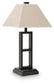 Deidra Metal Table Lamp (2/CN) features a rustic metal base and a beige, pyramid-shaped linen-look shade, displayed against a white background.
