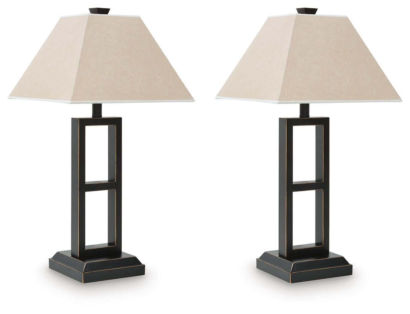 Two Deidra Metal Table Lamps (2/CN) with rustic metal bases and beige, linen-look pyramid-shaped shades are displayed side by side against a white background.