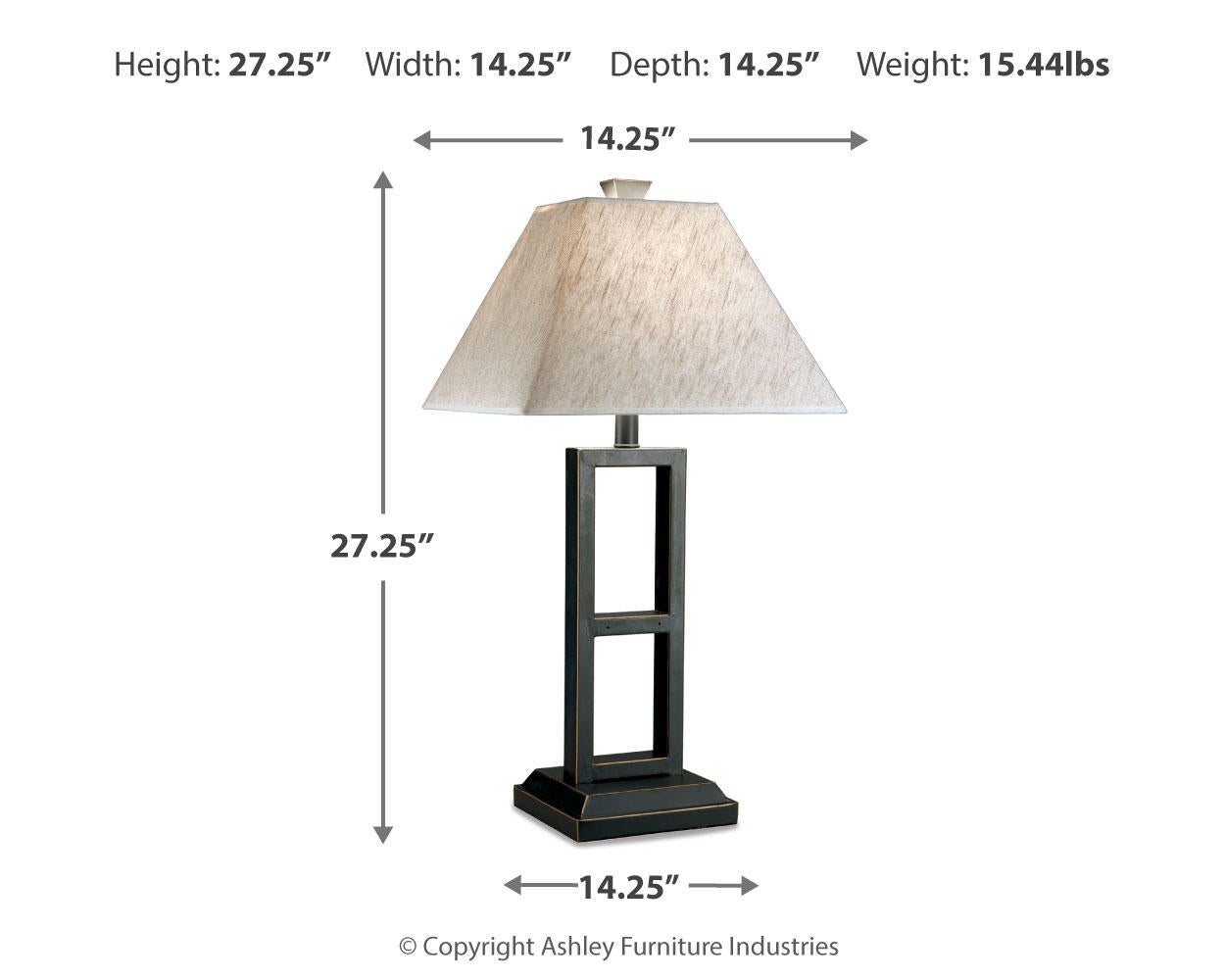 The Deidra Metal Table Lamp (2/CN) features a rustic metal base and linen-look shade; measures 27.25" high, 14.25" wide/deep, and weighs 15.44 lbs. Arrows indicate dimensions.
