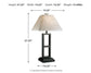 The Deidra Metal Table Lamp (2/CN) features a rustic metal base and linen-look shade; measures 27.25" high, 14.25" wide/deep, and weighs 15.44 lbs. Arrows indicate dimensions.