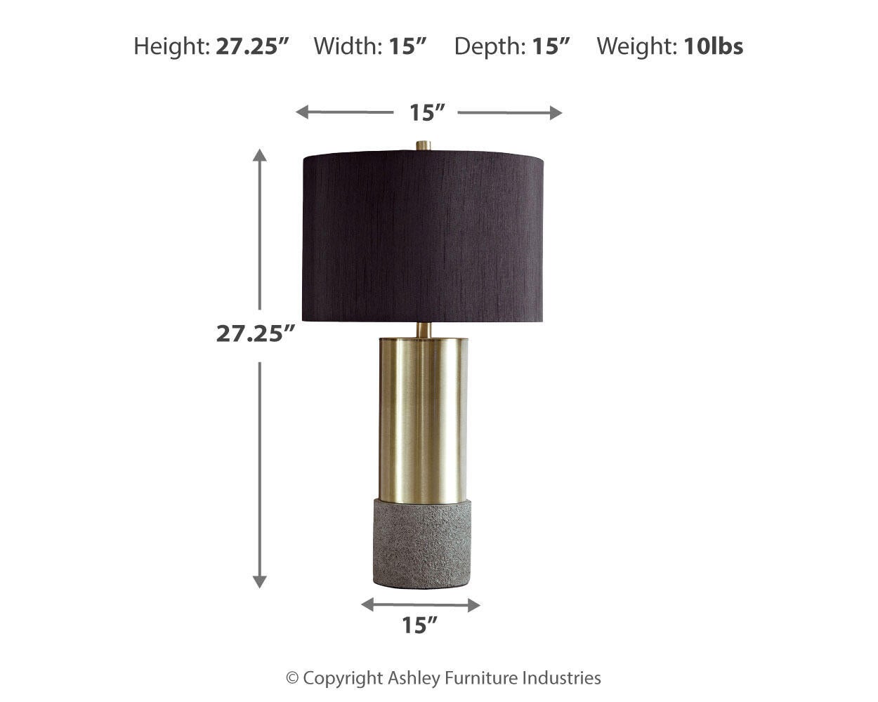 The Jacek Metal Table Lamp (2/CN) features a black drum shade, gold and stone base, measures 27.25" H x 15" W x 15" D, weighs 10 lbs. Measurements and arrows are shown.