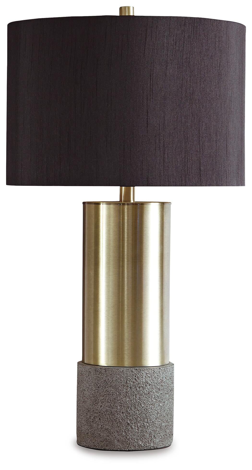 The Jacek Metal Table Lamp (2/CN) features a cylindrical brass base, textured gray faux concrete bottom, and a large black fabric drum shade for sleek modern elegance.