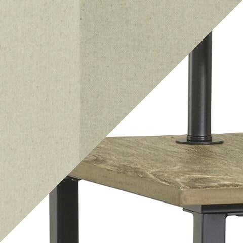 Close-up of the Shianne Metal Tray Lamp (1/CN) with a beige fabric shade, a black metal lamp post, and a wooden tabletop for space-saving style.