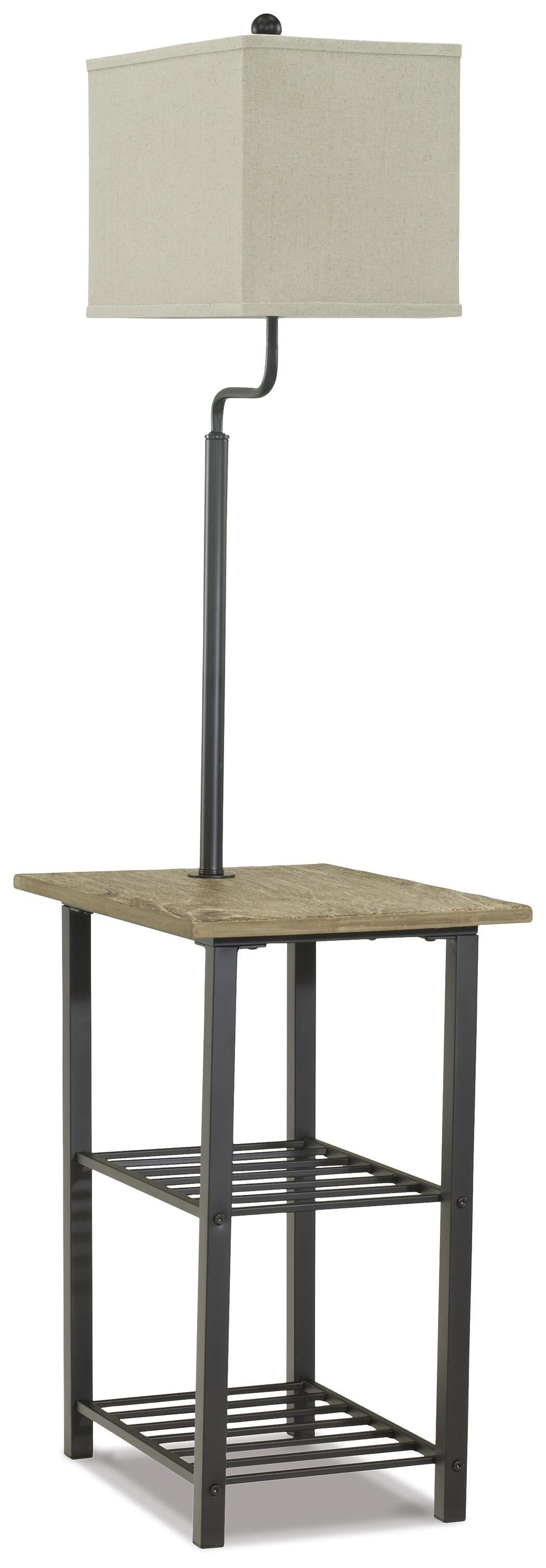 The Shianne Metal Tray Lamp (1/CN) features a rectangular beige shade attached to a side table with a wooden top and two black metal shelves, creating an ideal space-saving furniture solution.