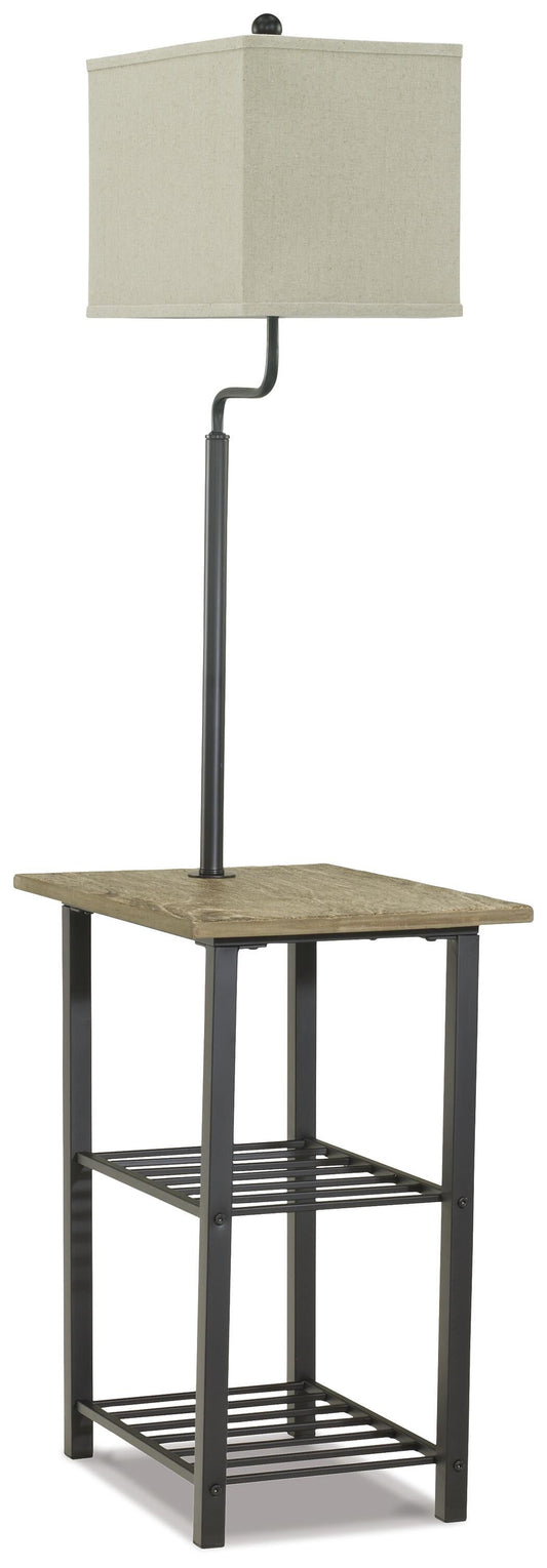 The Shianne Metal Tray Lamp (1/CN) features a rectangular beige shade attached to a side table with a wooden top and two black metal shelves, creating an ideal space-saving furniture solution.