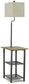 The Shianne Metal Tray Lamp (1/CN) features a rectangular beige shade attached to a side table with a wooden top and two black metal shelves, creating an ideal space-saving furniture solution.