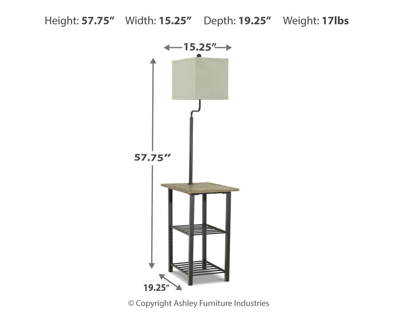The Shianne Metal Tray Lamp (1/CN) is a tall, space-saving lamp with a square shade on a side table with two lower shelves; it measures 57.75" H x 15.25" W x 19.25" D and weighs 17 lbs.