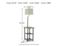 The Shianne Metal Tray Lamp (1/CN) is a tall, space-saving lamp with a square shade on a side table with two lower shelves; it measures 57.75" H x 15.25" W x 19.25" D and weighs 17 lbs.