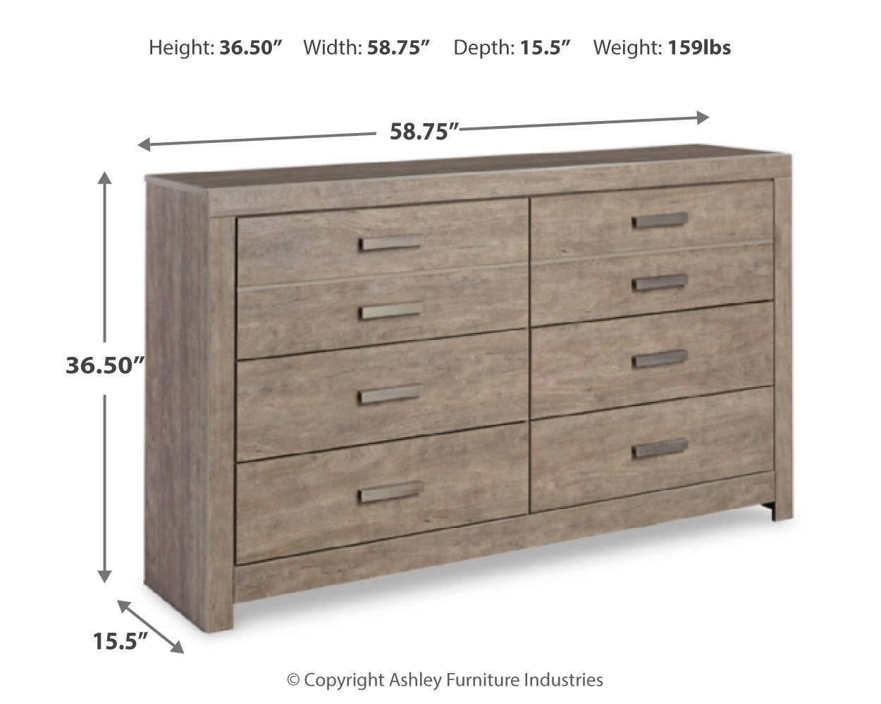 The Culverbach Six Drawer Dresser offers bedroom storage in a weathered driftwood finish. It measures 36.5" H x 58.75" W x 15.5" D, weighs 159 lbs, and features clearly labeled dimensions for easy reference.