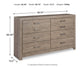 The Culverbach Six Drawer Dresser offers bedroom storage in a weathered driftwood finish. It measures 36.5" H x 58.75" W x 15.5" D, weighs 159 lbs, and features clearly labeled dimensions for easy reference.