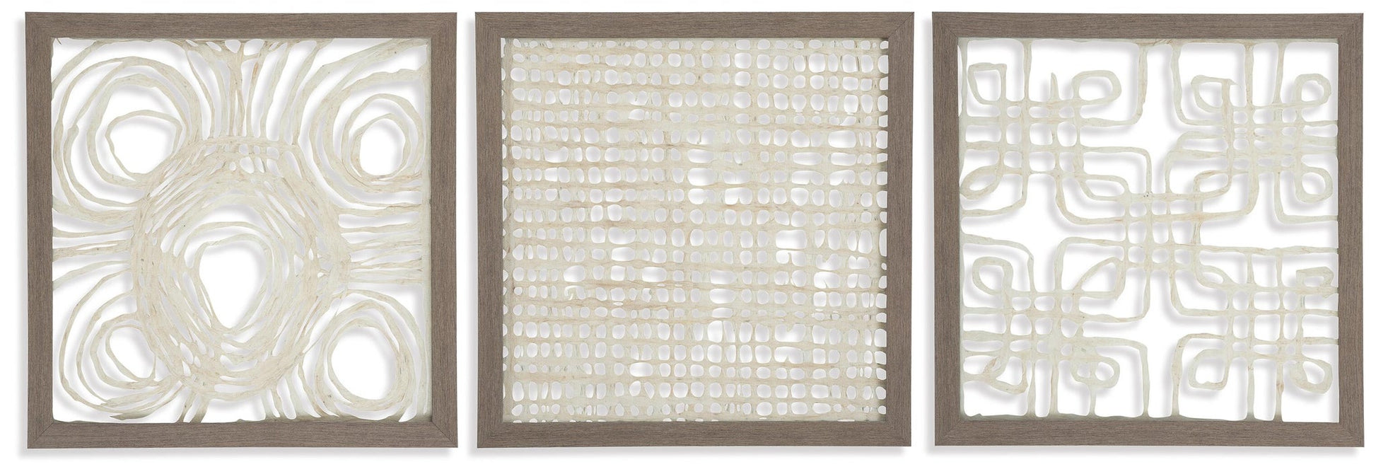 The Odella Wall Decor Set (3/CN) features three panels of abstract cream-colored textured patterns in light brown frames, ideal as framed modern wall decor.