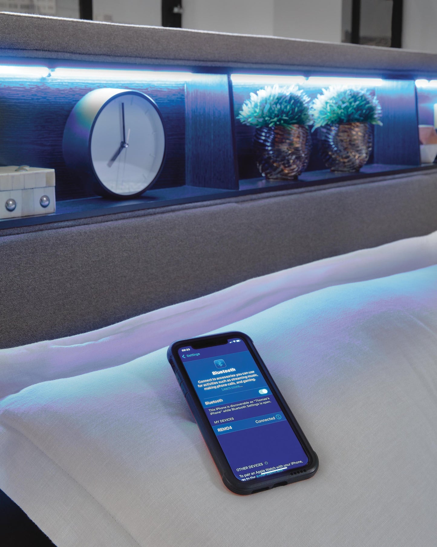 Verishaw King Upholstered Bed with Wireless Audio