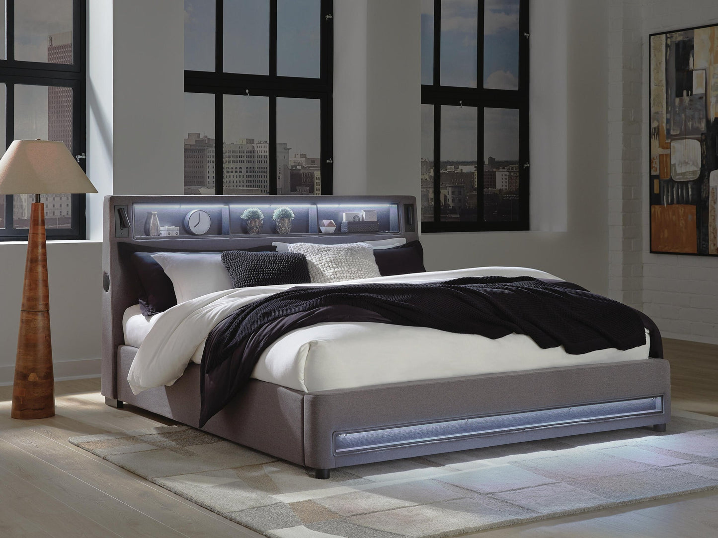 Verishaw California King Upholstered Bed with Wireless Audio