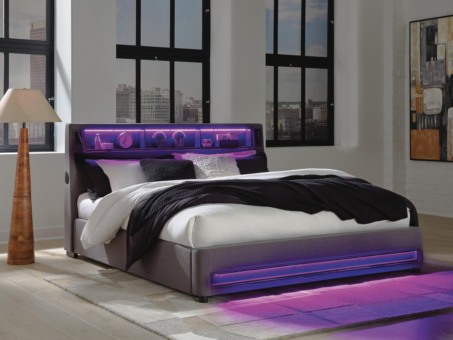 Verishaw California King Upholstered Bed with Wireless Audio