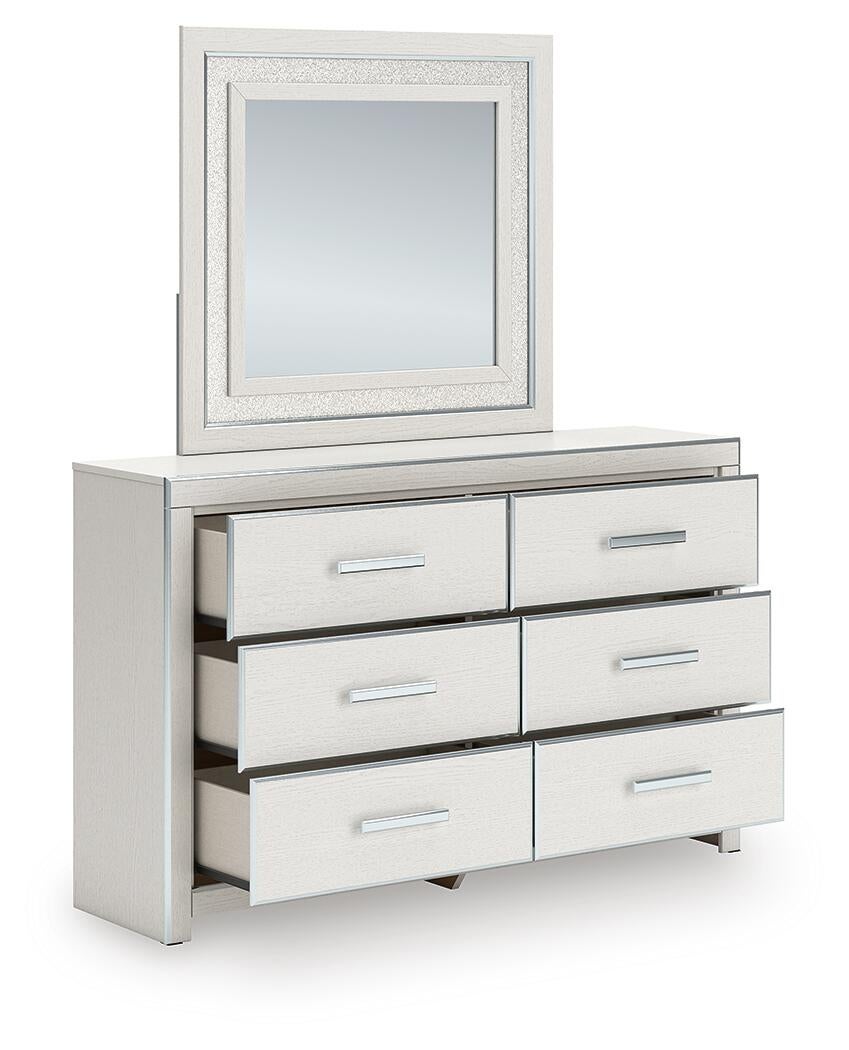Birmonton King Upholstered Panel Platform Bed, Dresser and Mirror