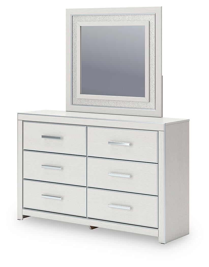 Birmonton King Upholstered Panel Platform Bed, Dresser and Mirror