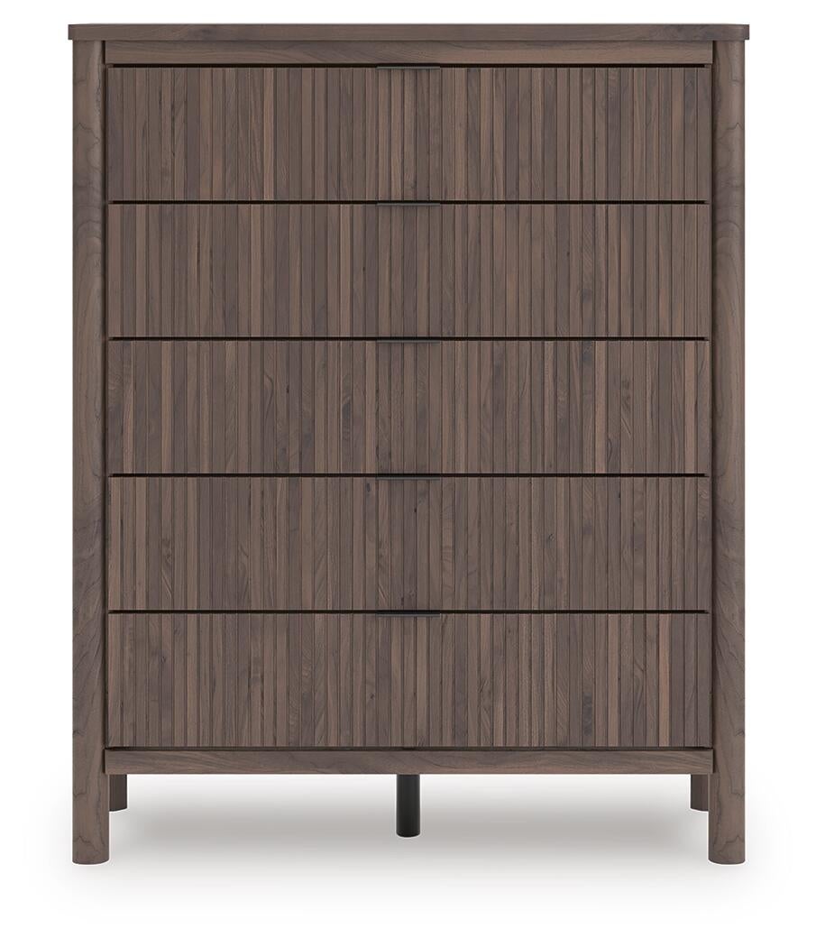 Cadmori King Upholstered Panel Bed, Dresser, Mirror, Chest and Nightstand