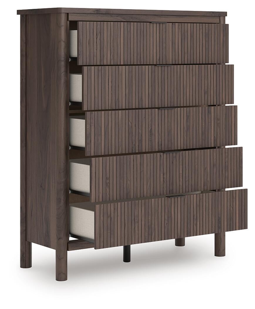 Cadmori Queen Upholstered Panel Bed, Dresser, Mirror and Nightstand